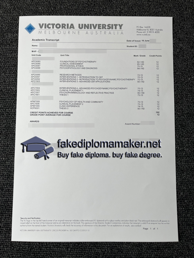 Victoria University transcript