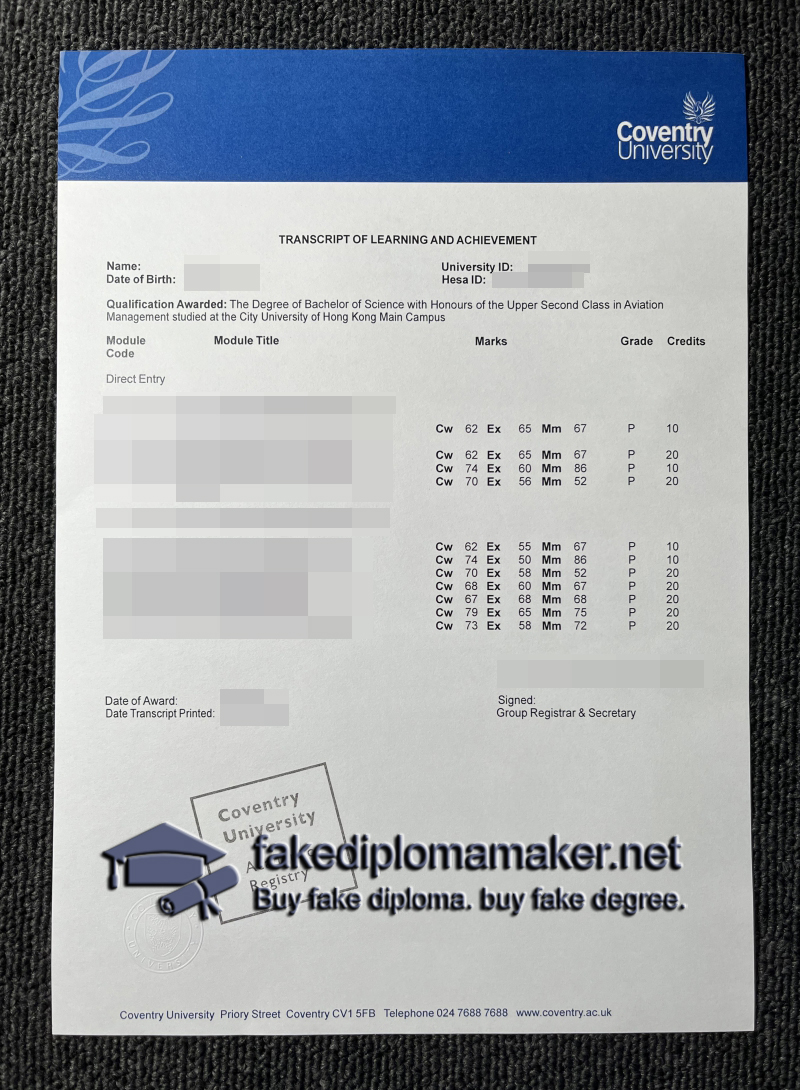 Coventry University transcript