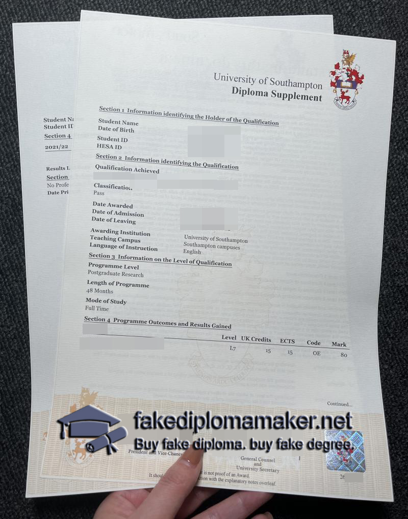 University of Southampton diploma supplement