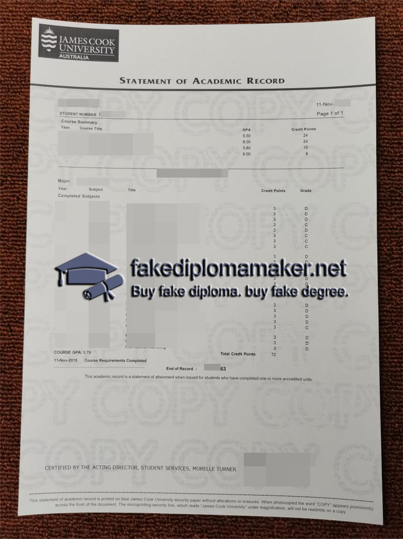 James Cook University transcript