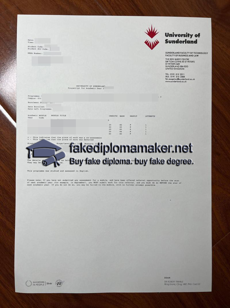 University of Sunderland transcript
