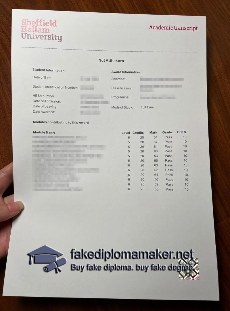 Sheffield Hallam University transcript