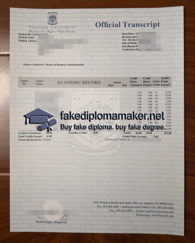 Preston University transcript