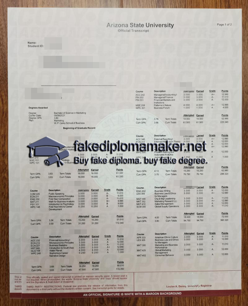 Arizona State University transcript