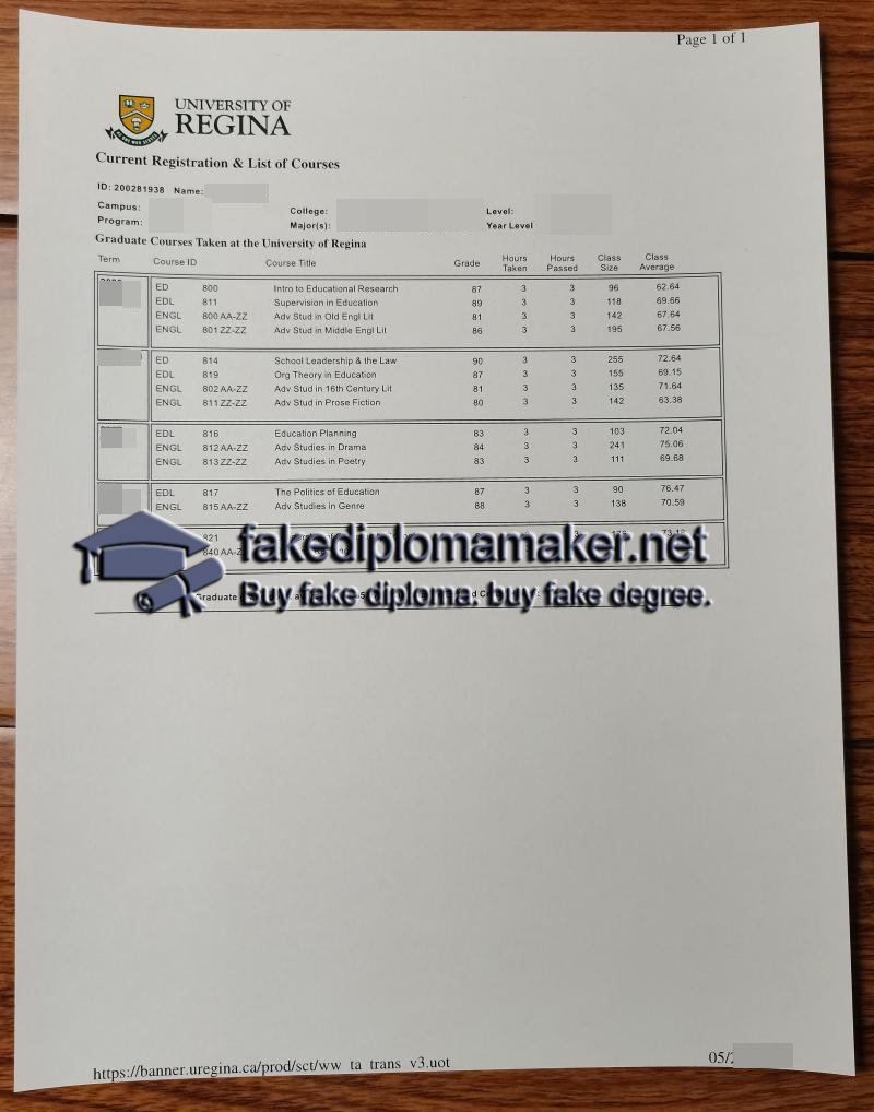 University of Regina transcript