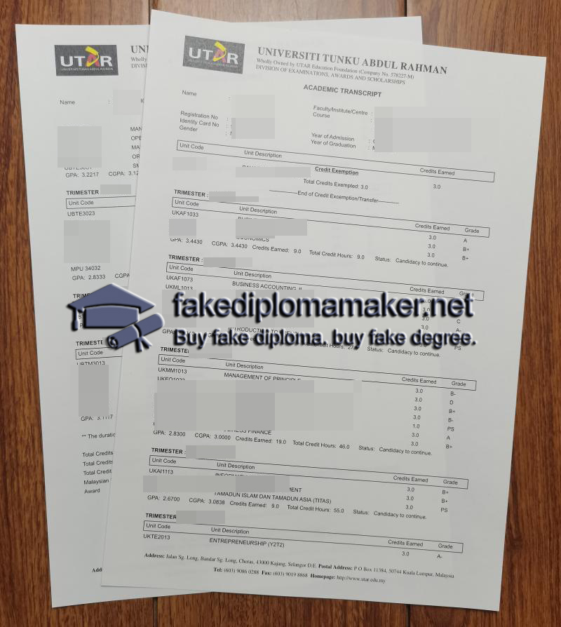 UTAR academic transcript