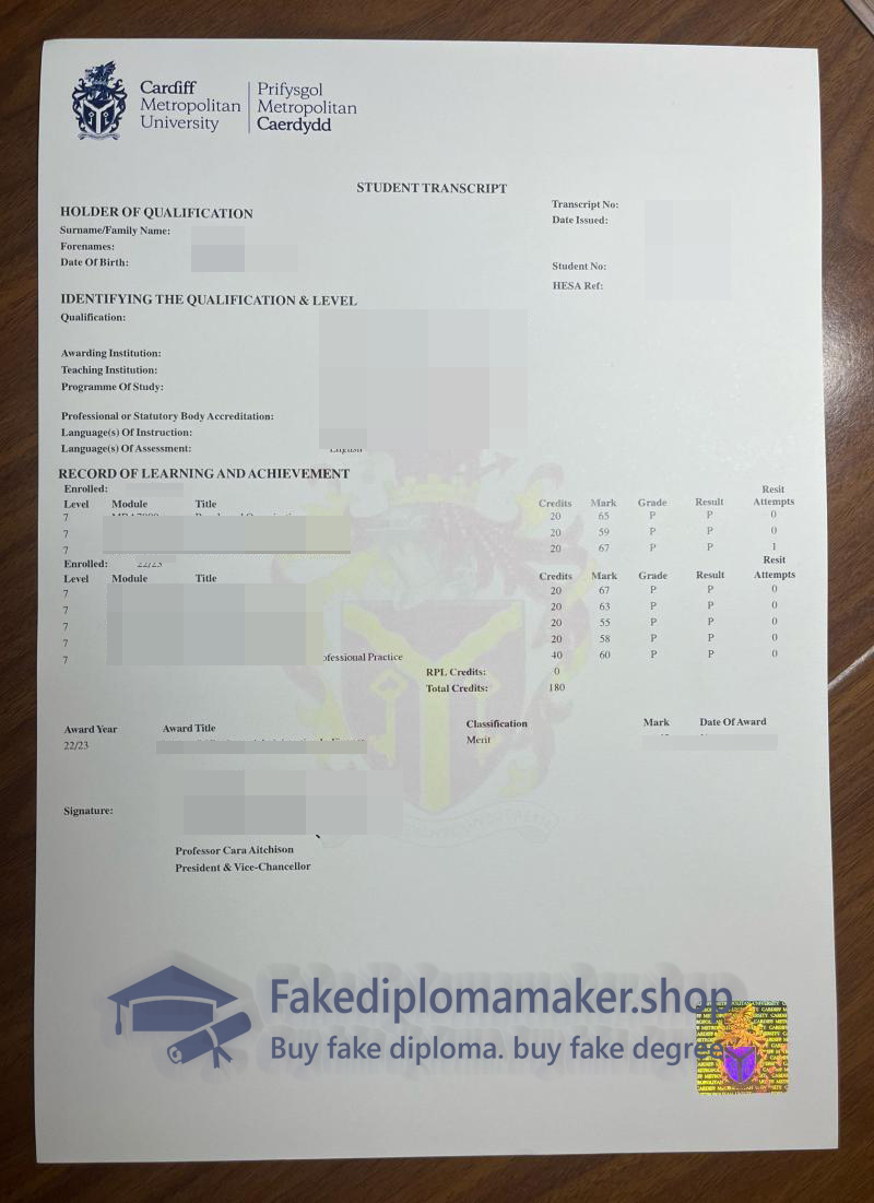 Cardiff Metropolitan University Transcript