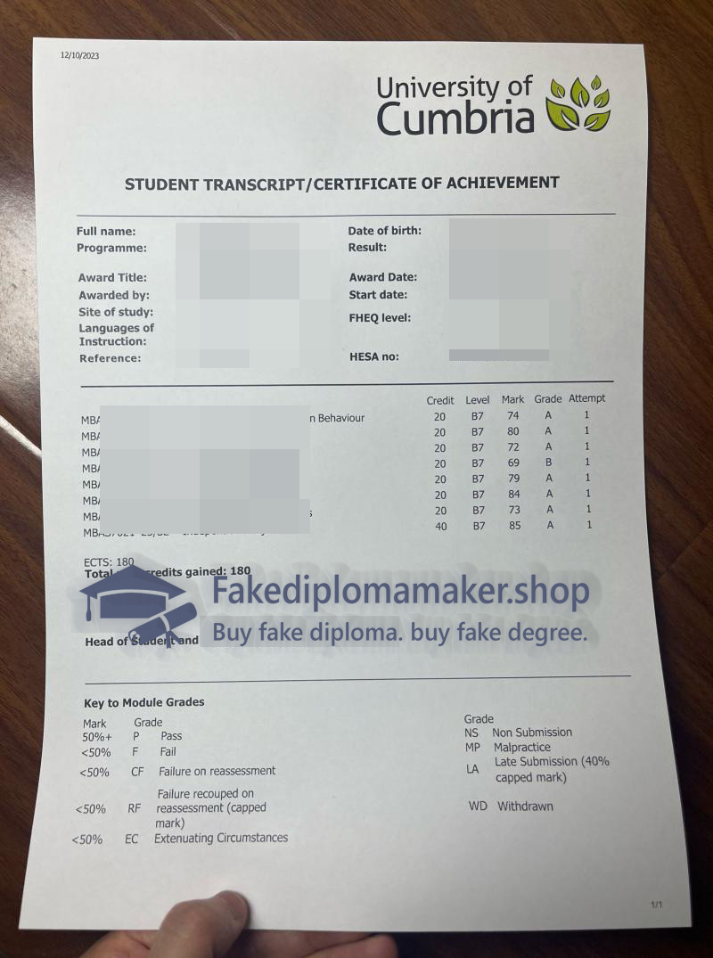 University of Cumbria transcript