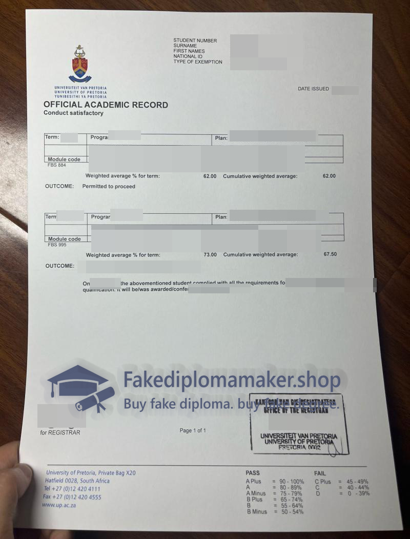 University of Pretoria transcript